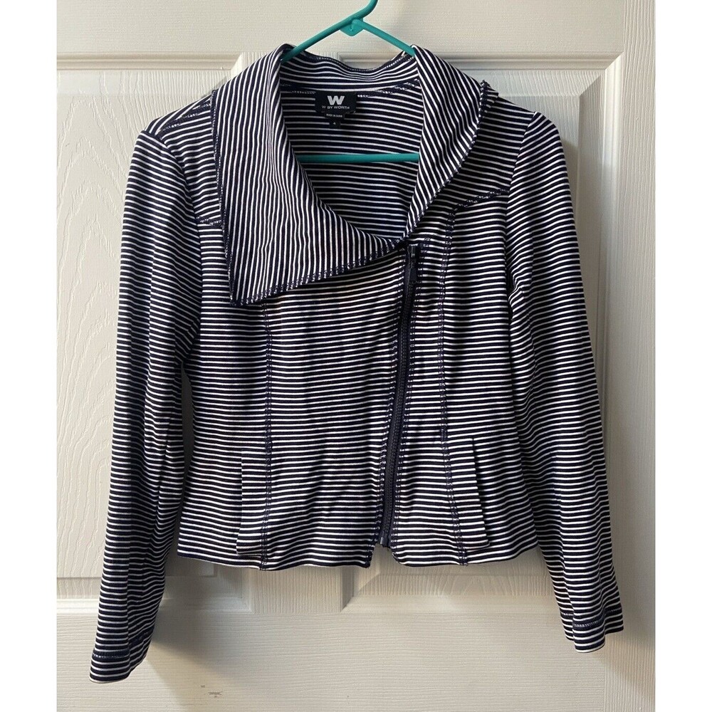 W by Worth Light Jacket Womens 4 Blue White Striped Nautical Beach Full Zip